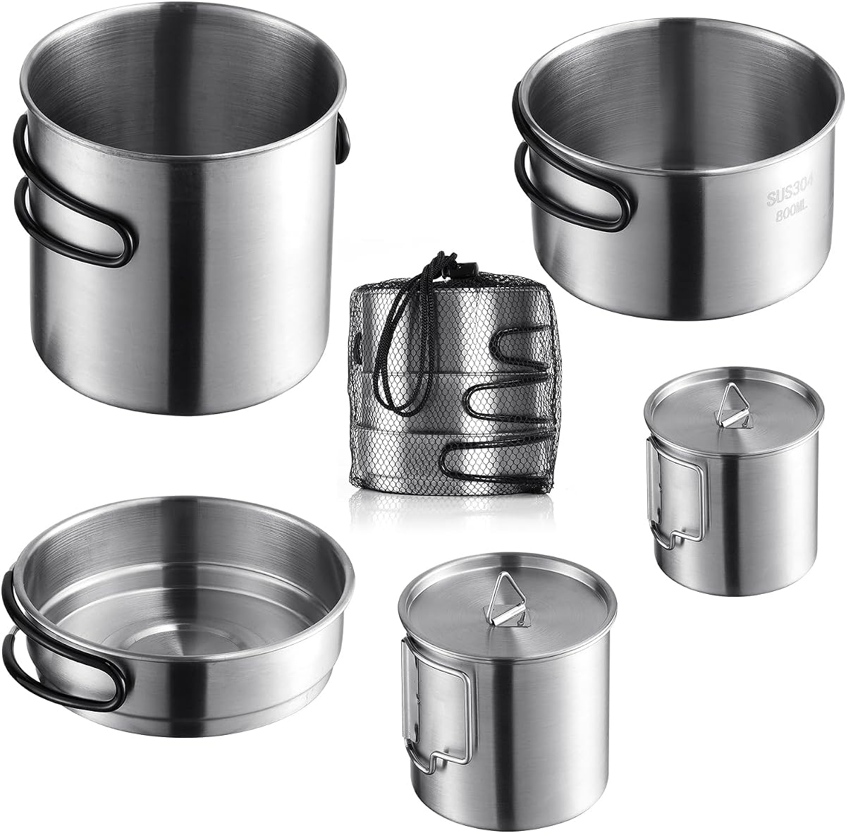 5PCS Stainless Steel Camping Cookware Set – Lightweight Mess Kit with Pots, Pan, Cups & Storage Bag – Outdoor Cooking Gear for Hiking, Backpacking, and Camping