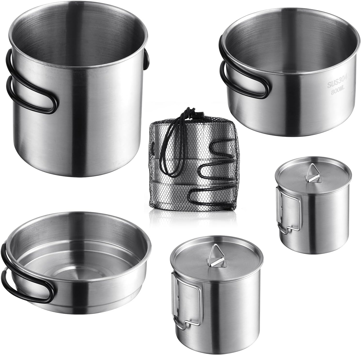 Stainless Steel Camping Cookware Mess Kit - Portable Backpacking Cooking Set with Pot/Plates/Cups & Storage Bag, Outdoor Cookware for Hiking, Picnic, Camping & Backpacking Adventures(8PCS)