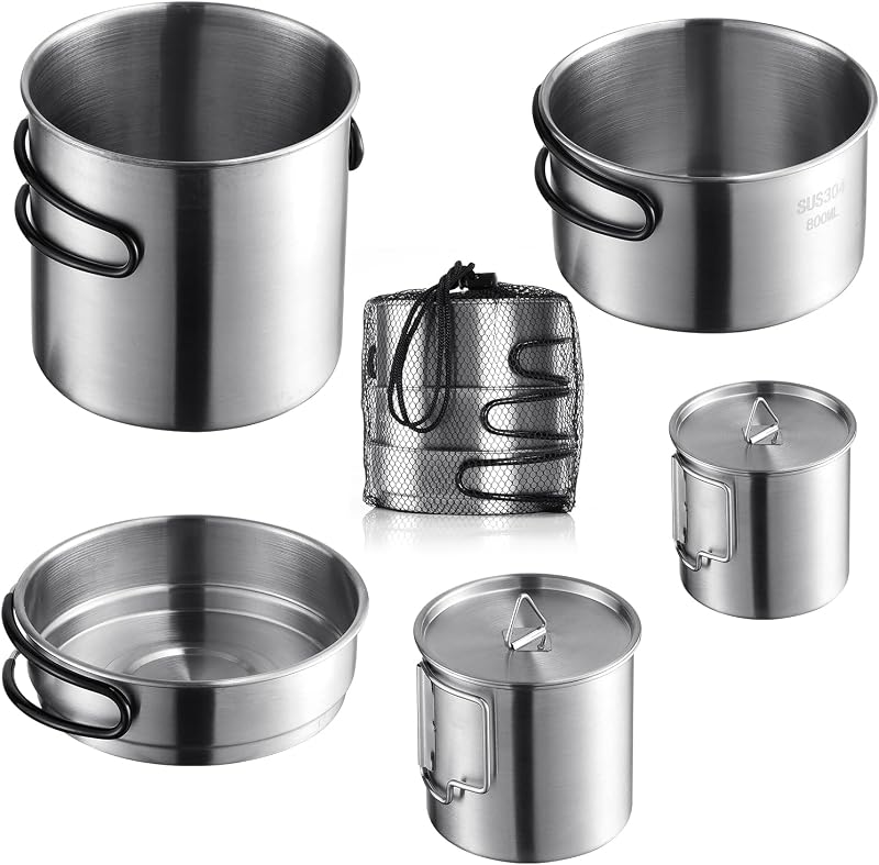 5PCS Stainless Steel Camping Cookware Set – Lightweight Mess Kit with Pots, Pan, Cups & Storage Bag – Outdoor Cooking Gear for Hiking, Backpacking, and Camping