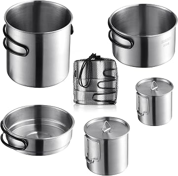 Stainless Steel Camping Cookware Mess Kit - Portable Backpacking Cooking Set with Pot/Plates/Cups & Storage Bag, Outdoor Cookware for Hiking, Picnic, Camping & Backpacking Adventures8PCS