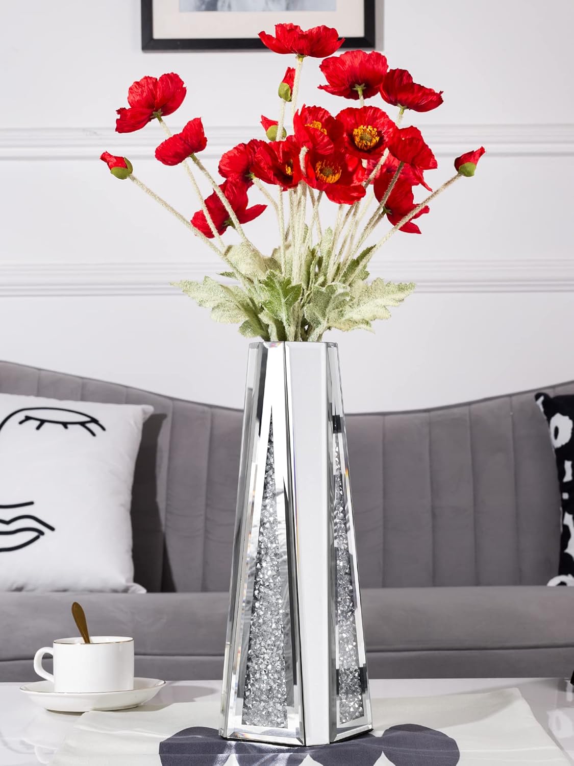 SHYFOY Flower Vase Crushed Diamond Mirrored Vase for Home Decor Crystal Silver Glass Decorative Mirror Vase Stunning Luxury Tall Vases for Flowers Centerpieces - 13 inches, Can't Hold Water - Image 4