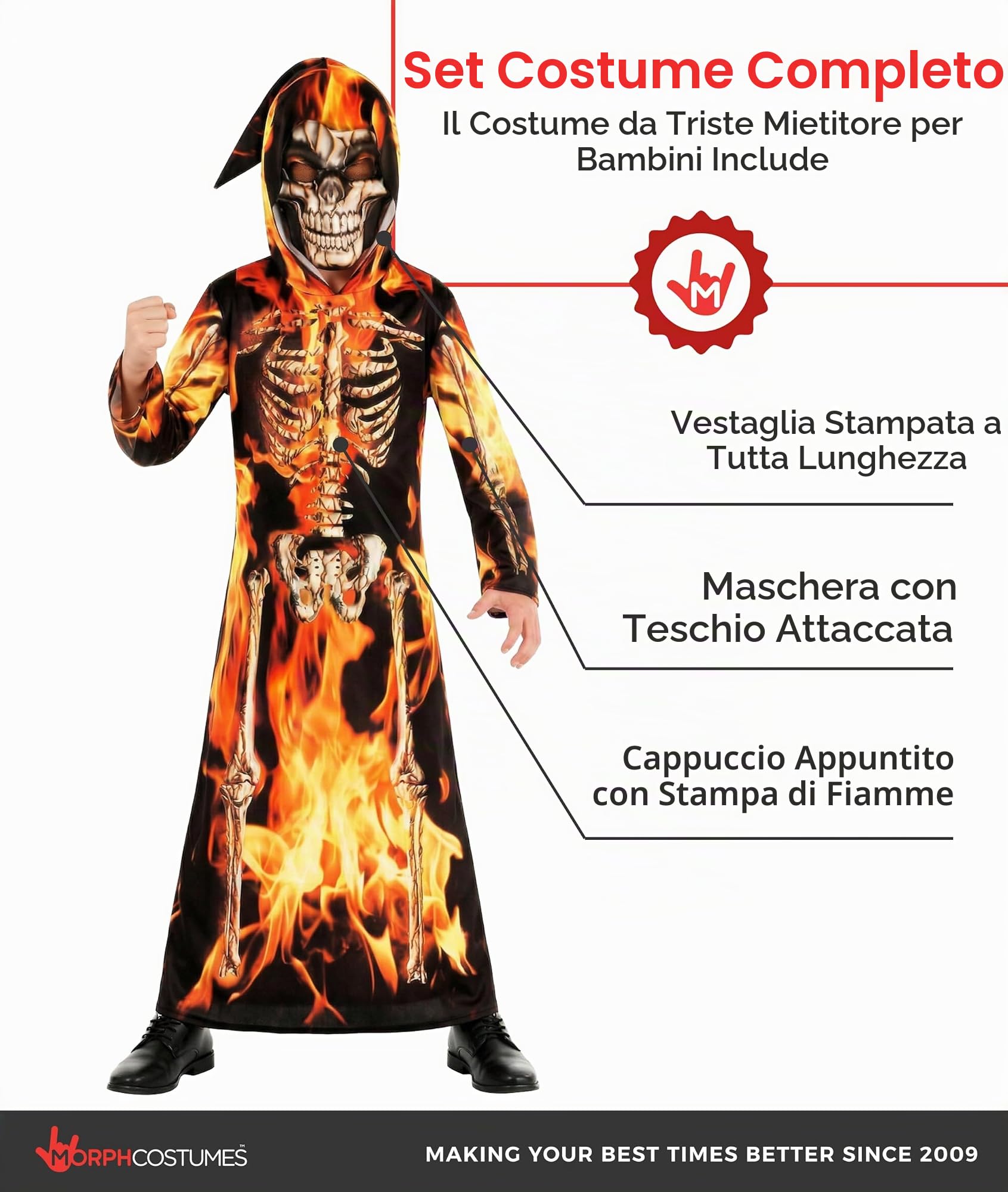 Morph Costume Mietitore Bambino, Costume Halloween Bambino | Tunica con Cappuccio & Maschera, Stampa Scheletro Fiammeggiante, Perfetto per Halloween, Ideale per il Gioco di Ruolo