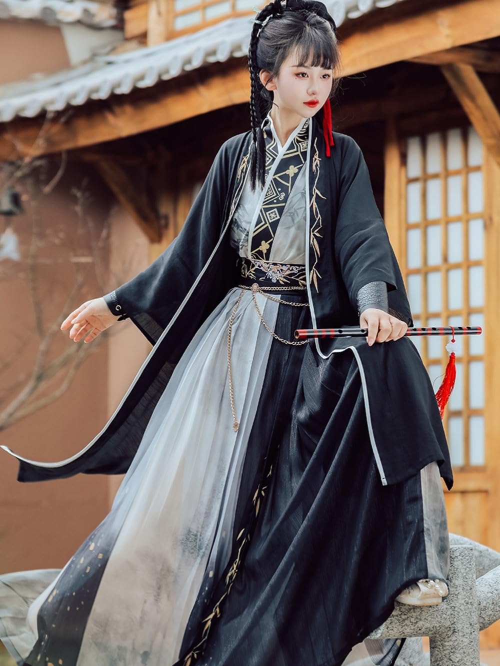 tradycyjnej chińskiej odzieży Ink Wash w stylu chińskim Hanfu dla mężczyzn, kobiet, fajny, wszechstronny, do codziennego użytku (XL, X-Large, Alpha) czarny(XX Large)