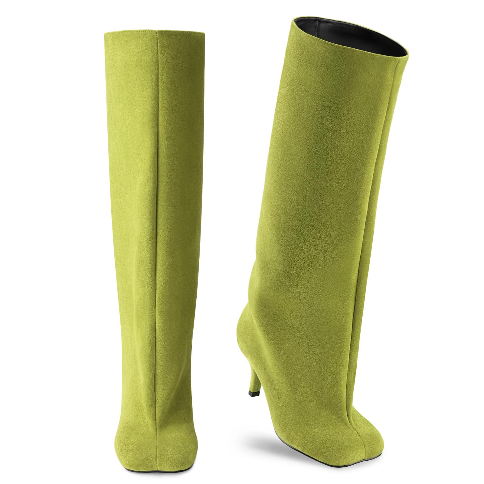 Oh Mispares Women's Nude Suede Knee High Boots - Square Toe Wide Calf Stiletto Low Heels - Fashionable Kitten Heel Pull-On Tall Winter Boots for