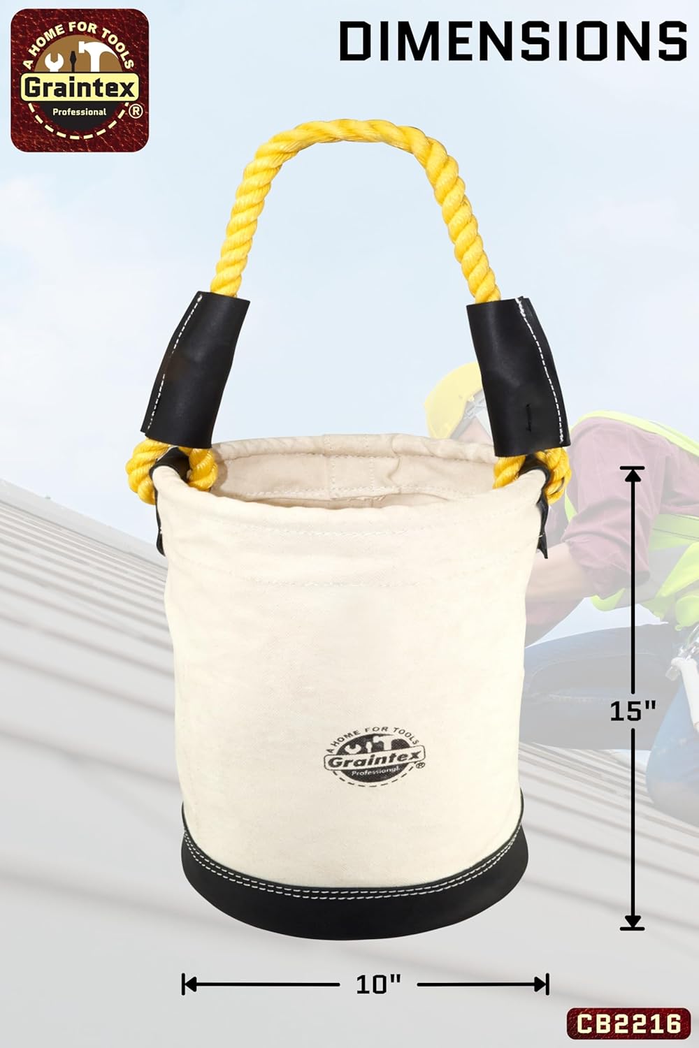 Graintex CB2216 Utility Canvas Bucket Leather Bottom 16" X 10" Rope Handle