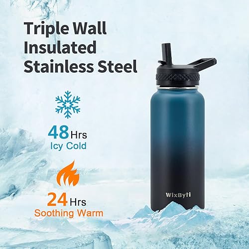 Miniatura 2 de Botella de agua con aislamiento y pajilla de 32 onzas, deportiva, triple pared de acero inoxidable (fría durante 48 horas), a prueba de fugas, con