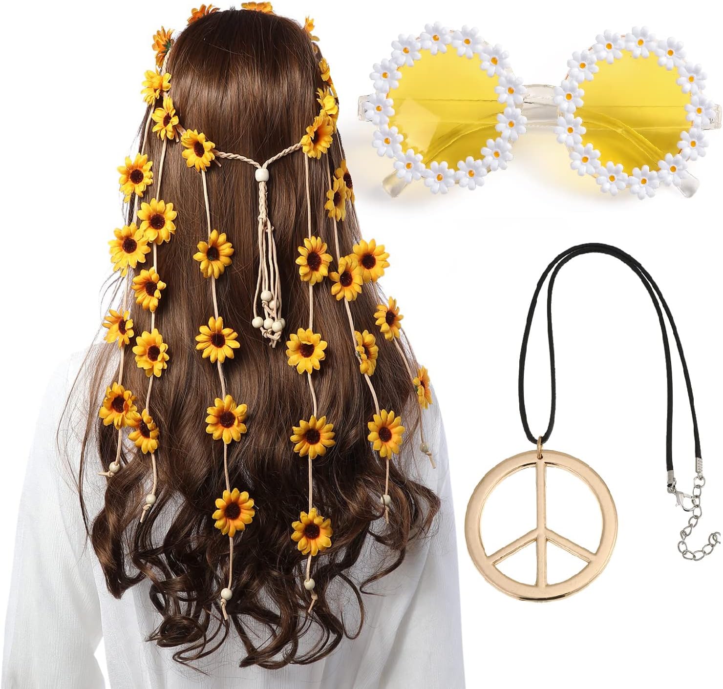 AWAYTR 3PCS Women Hippie Costume Set - 70s Boho Flower Headband, Gold Peace Sign Necklace, Daisy Sunglasses