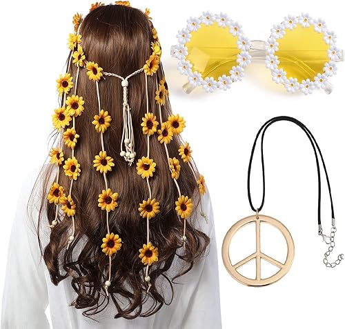 3PCS Women Hippie Costume Set - 70s Hippie Boho Flower Headband Gold Peace Sign Necklace Hippie Daisy Sunglasses for Women