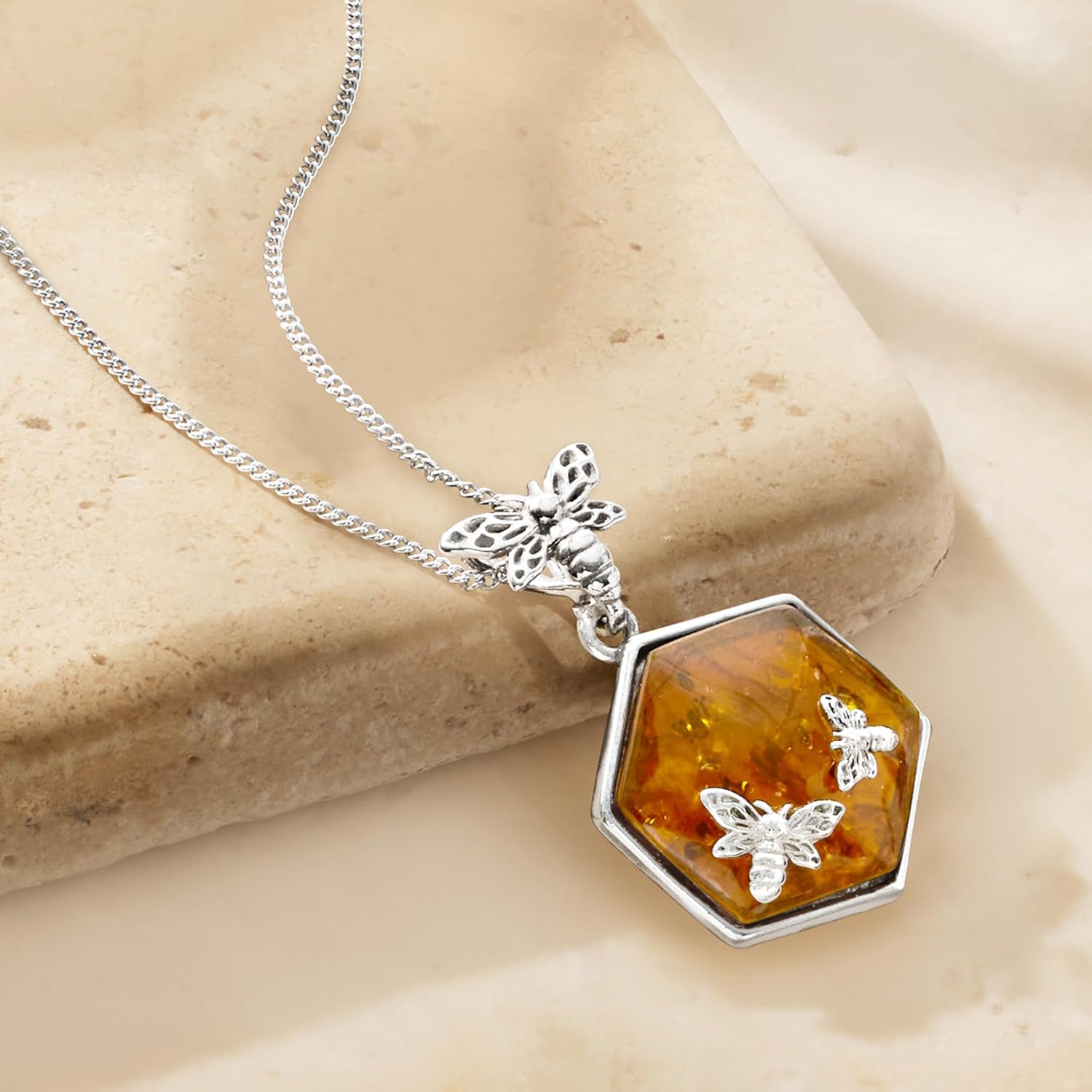 Ross-Simons Amber Honeycomb and Bumblebee Pendant Necklace in Sterling Silver