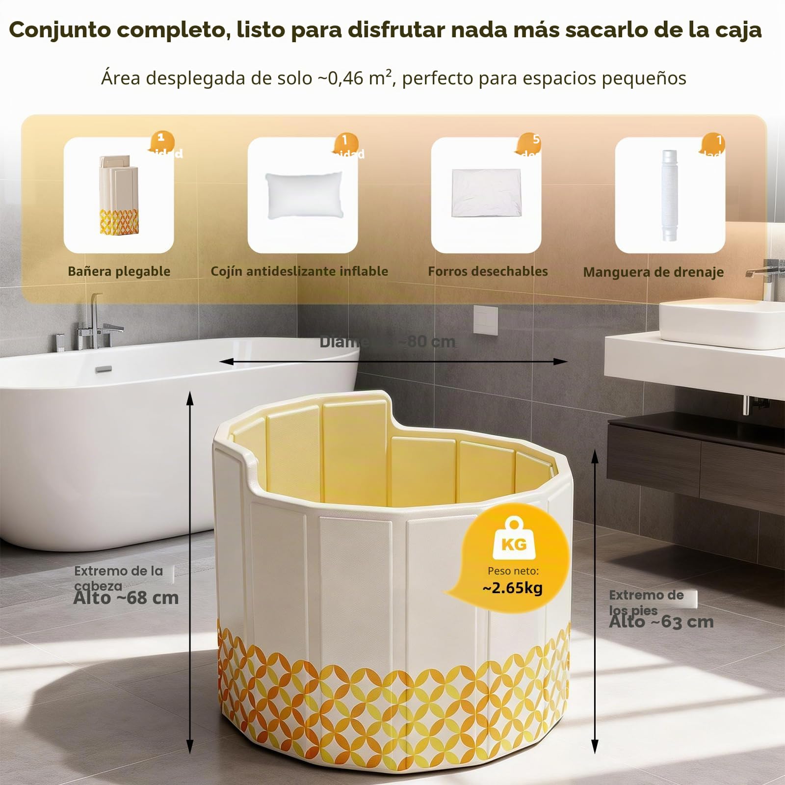 80 cm Bañera Plegable Adultos, Bañera Adultos Portátil con Respaldo, 2 en 1 Baño de Hielo y Agua Caliente, No Requiere Montaje, Incluye Cojín, Manguera de Drenaje, para Hielo Ducha, Spa y Sauna | Bañera portátil con aislamiento de 5 capas, respaldo en C,
