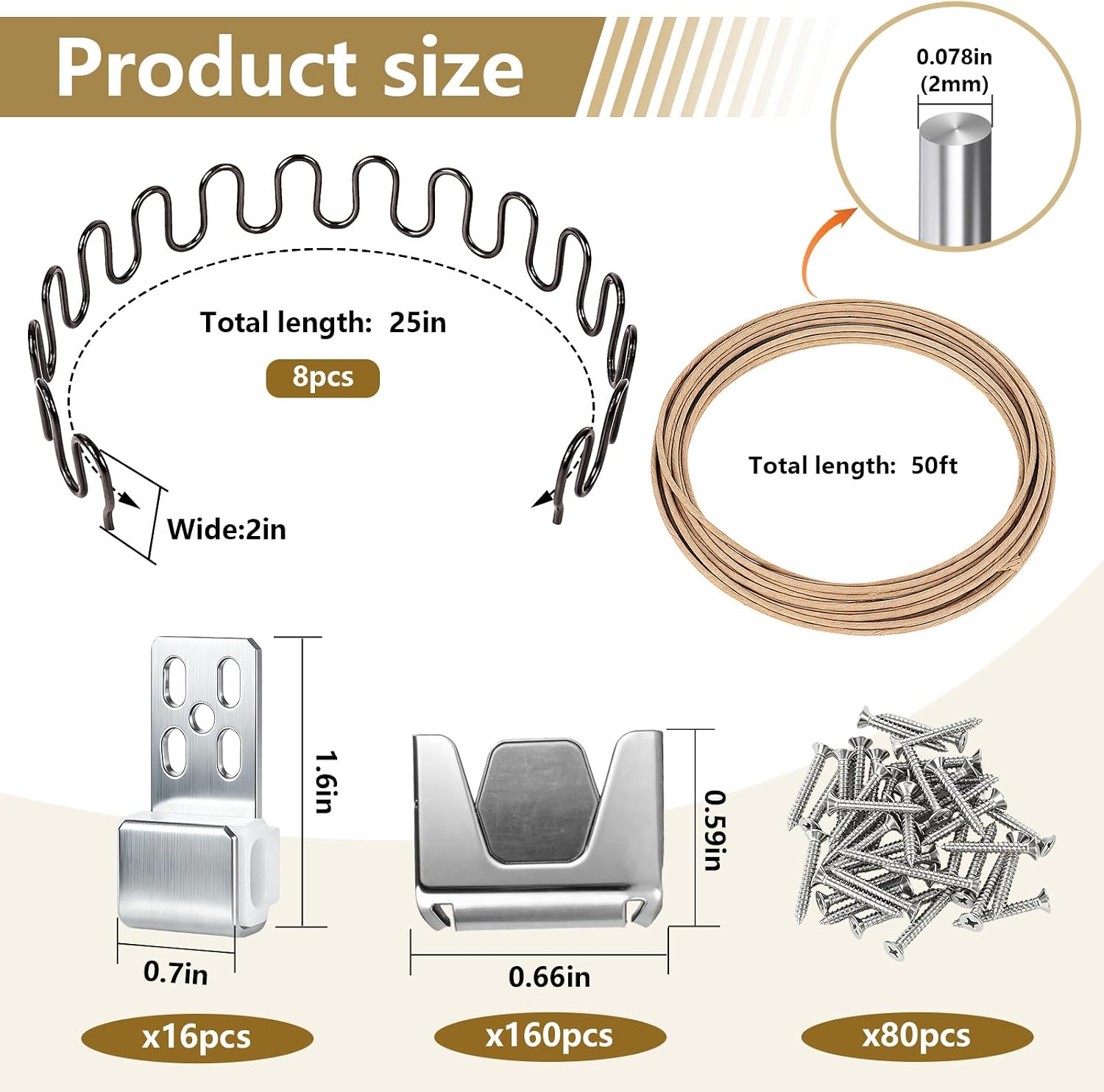 8 Pcs 25 Inch Couch Upholstery Spring Repair Replacement Kit | 50FT Upholstery Stay Wire with 160 Cushion Clips, 16 Spring Clips, 80 Screws for Fixing Sagging Sofa, Recliner, Chair Seats