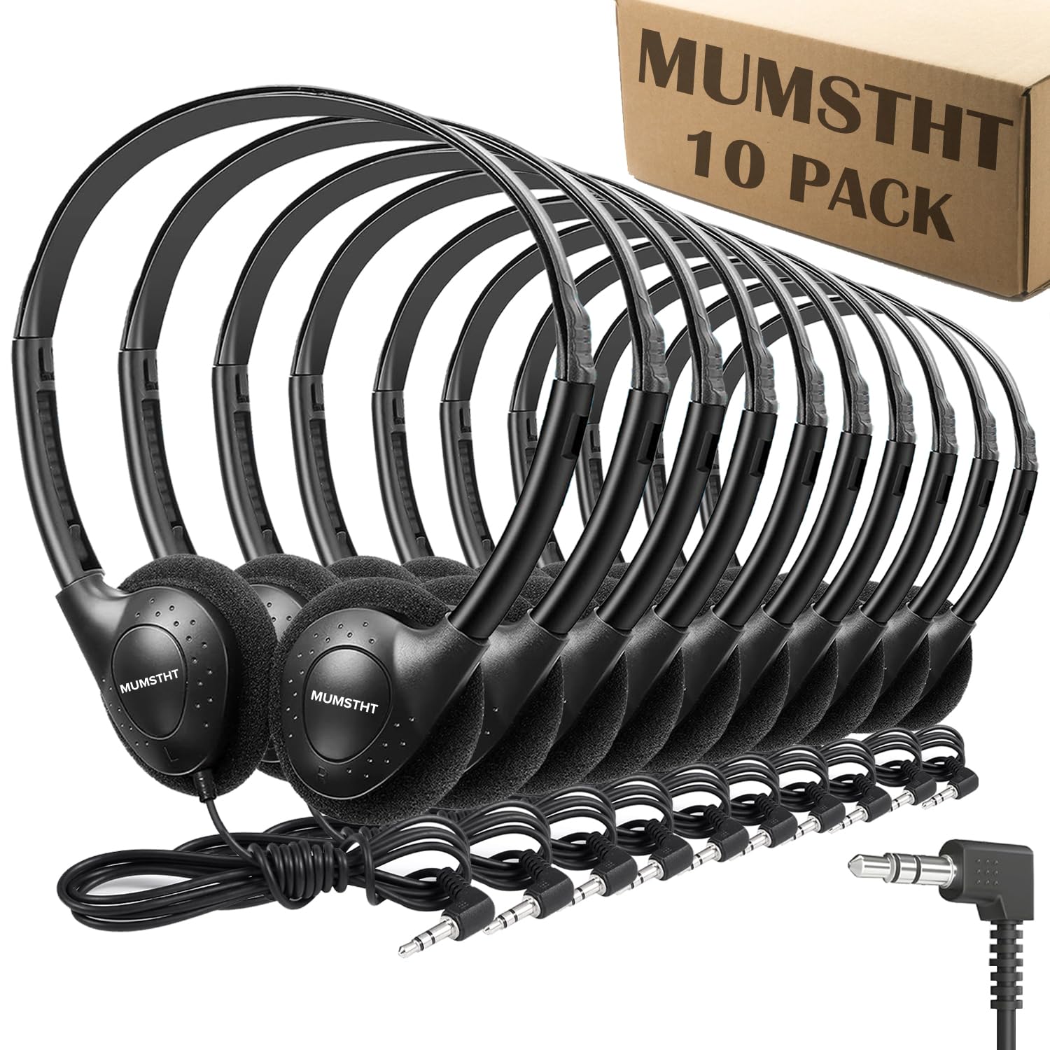 Kids Headphones Bulk 10 Pack,Student On Ear Black Headsets,Swivel Comfy Earphones for Classroom,Library,School,Airplane,for Online Learning and Travel,Stereo Sound 3.5mm Jack (YS102)