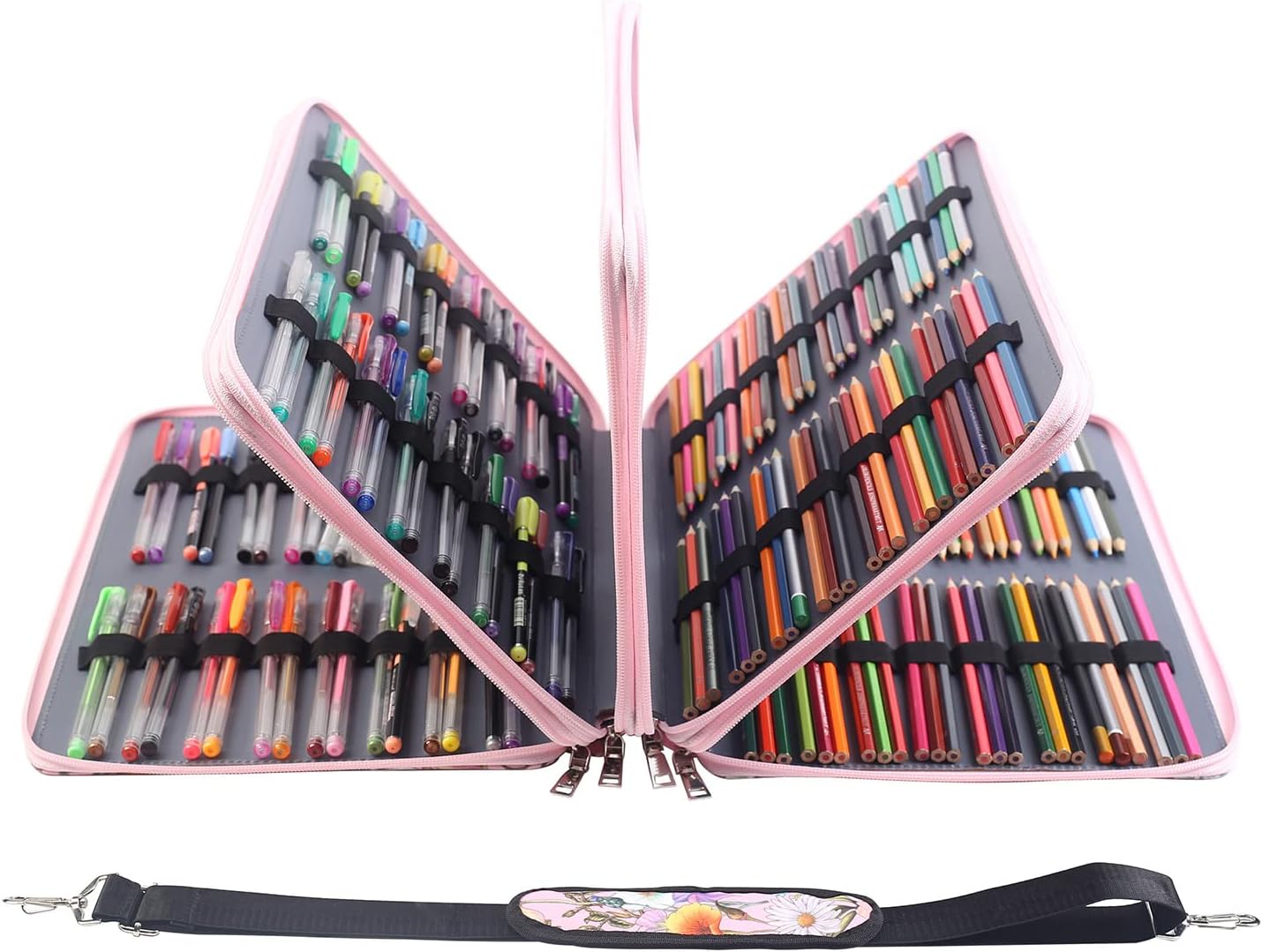 Colored Pencil Case 128 Large Slots Holds 384 Pencils or 256 Gel Pens with 4 Layer Zipper Closure High Capacity Pen Organizer for Painter or Artist Pink Flower