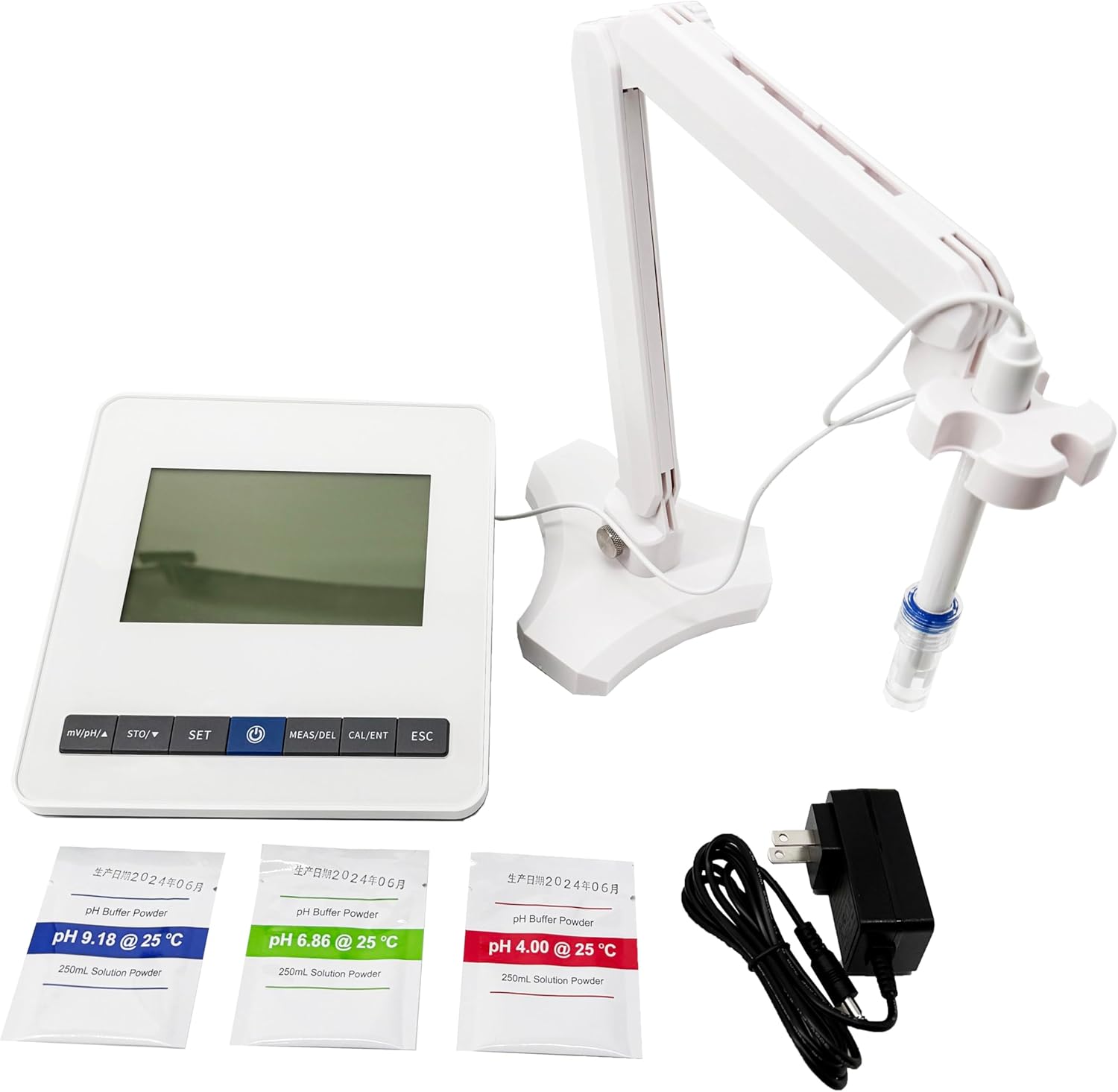 Benchtop PH Analyzer PH Tester Lab mV Meter with pH Buffer Powder mV Range -999～1999 pH Range -2.00～18.00 Error ±0.01 3 Points Calibration Movable Bracket Type 50 Sets Data Storage