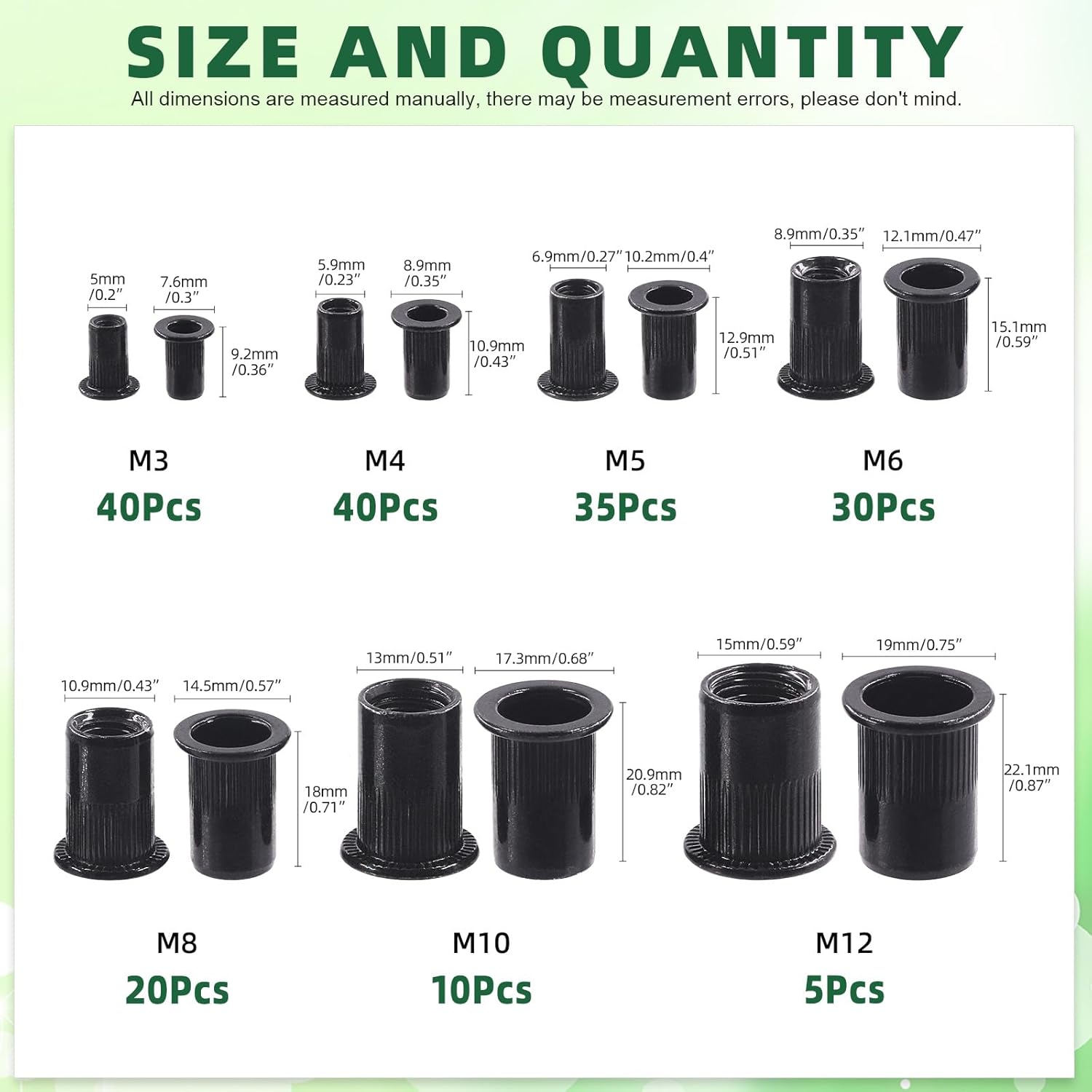 Keadic 180Pcs Carbon Steel Threaded Rivet Nuts Assortment Set M3 M4 M5 M6 M8 M10 M12 Rivnut, Zinc-Plated Black Knurled Flat Head Threaded Insert Nut for Furniture Mechanical Fasteners