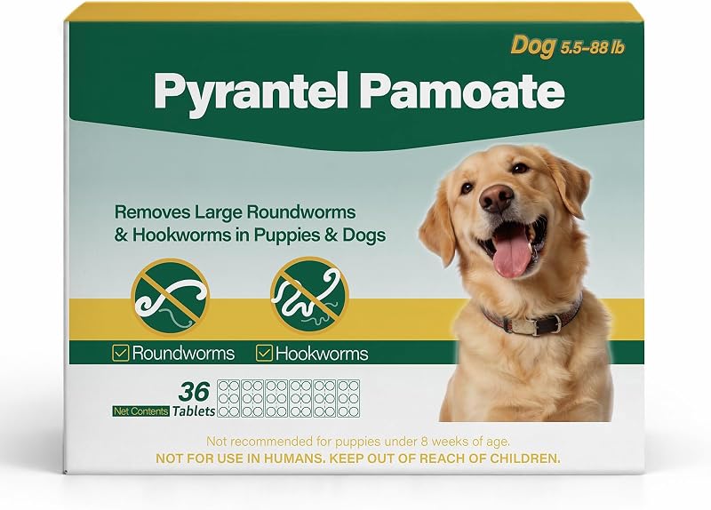 Desparasitante para perros Pamoato de pirantel, tabletas masticables para perros y cachorros, lombrices intestinales y anquilostomas, dosificación fácil, 36 tabletas