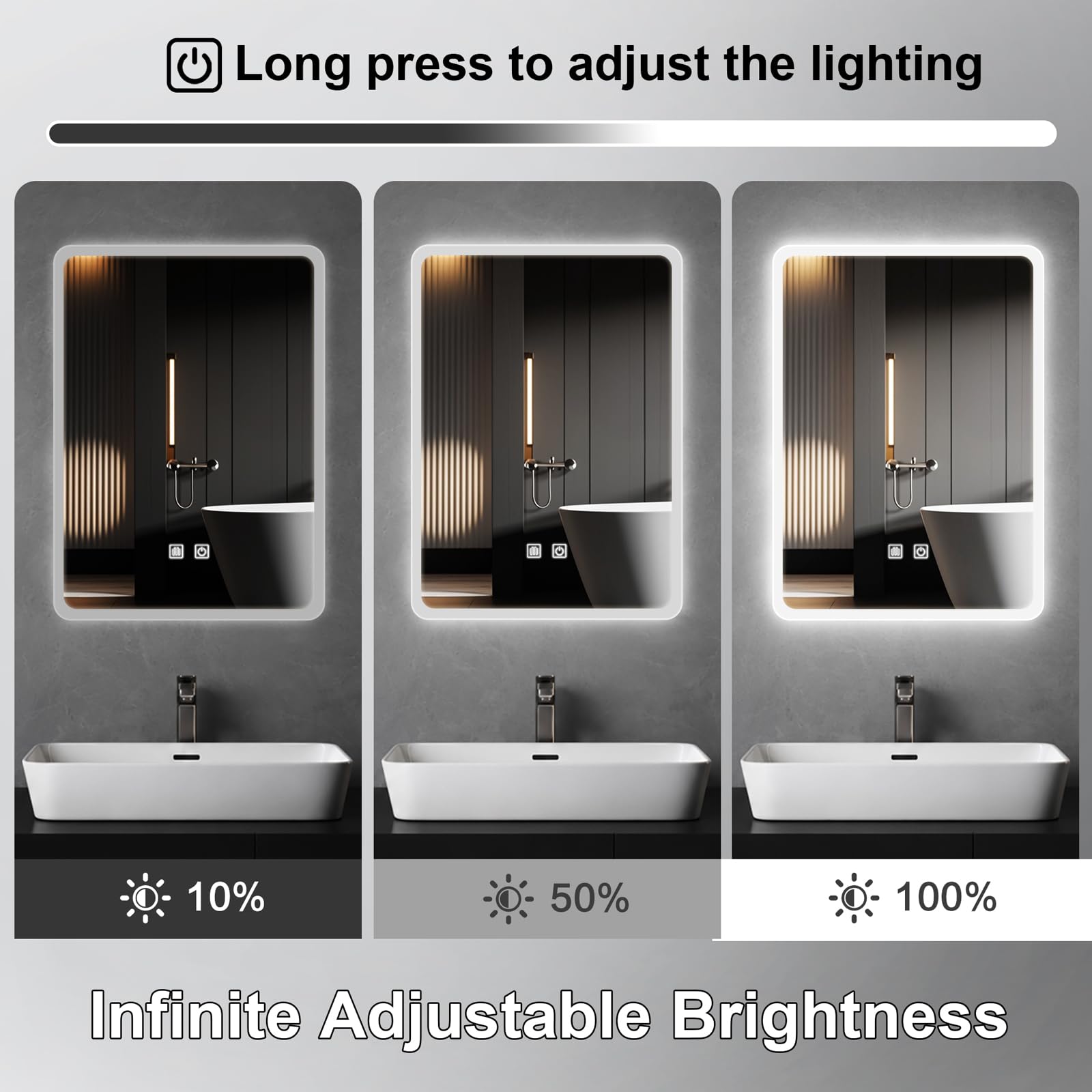 Espejo de baño con luces LED, espejo iluminado de 60x45cm para baño con función antivaho, luces regulables de 3 colores, retroiluminación, montado en la pared, resistente al agua, control