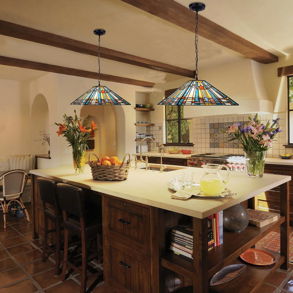 Tiffany Pendant Light Fixtures Hanging Lamp 2 Lights 16 inch Large Mission Style Vintage Stained Glass Pendant Hanging Lighting for Kitchen Island Dining Room Bedroom