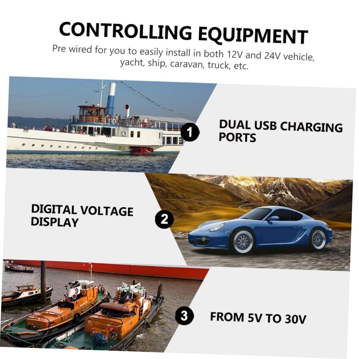 PartyKindom Pannello Pulsanti Voltmetro Digitale Doppia Porta USB per Camper Auto Nave Yacht