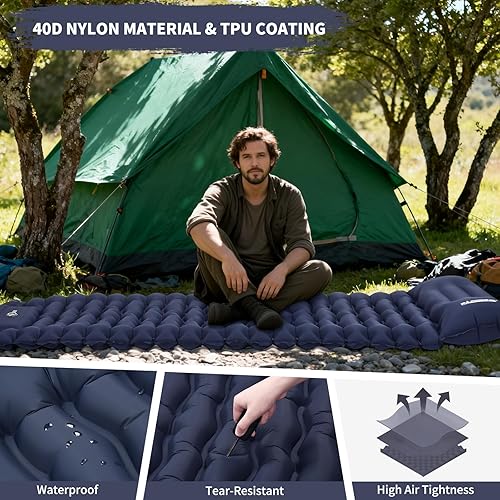 Miniatura 4 de Colchoneta de dormir para campamento, diseño conectable para colchoneta doble, colchoneta inflable ultraligera con almohada, bomba de pie