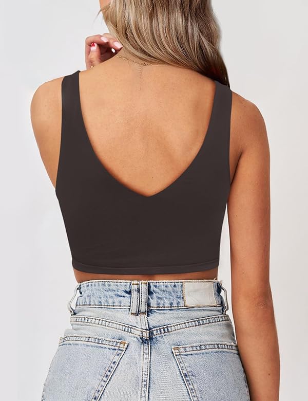 SAUNGKUAI Women's Crop Tops Deep V Neck Sleeveless Backless Double Lined Cropped Tank Top for Going Out Coffee XL by SAUNGKUAI - Used condition - Image 2