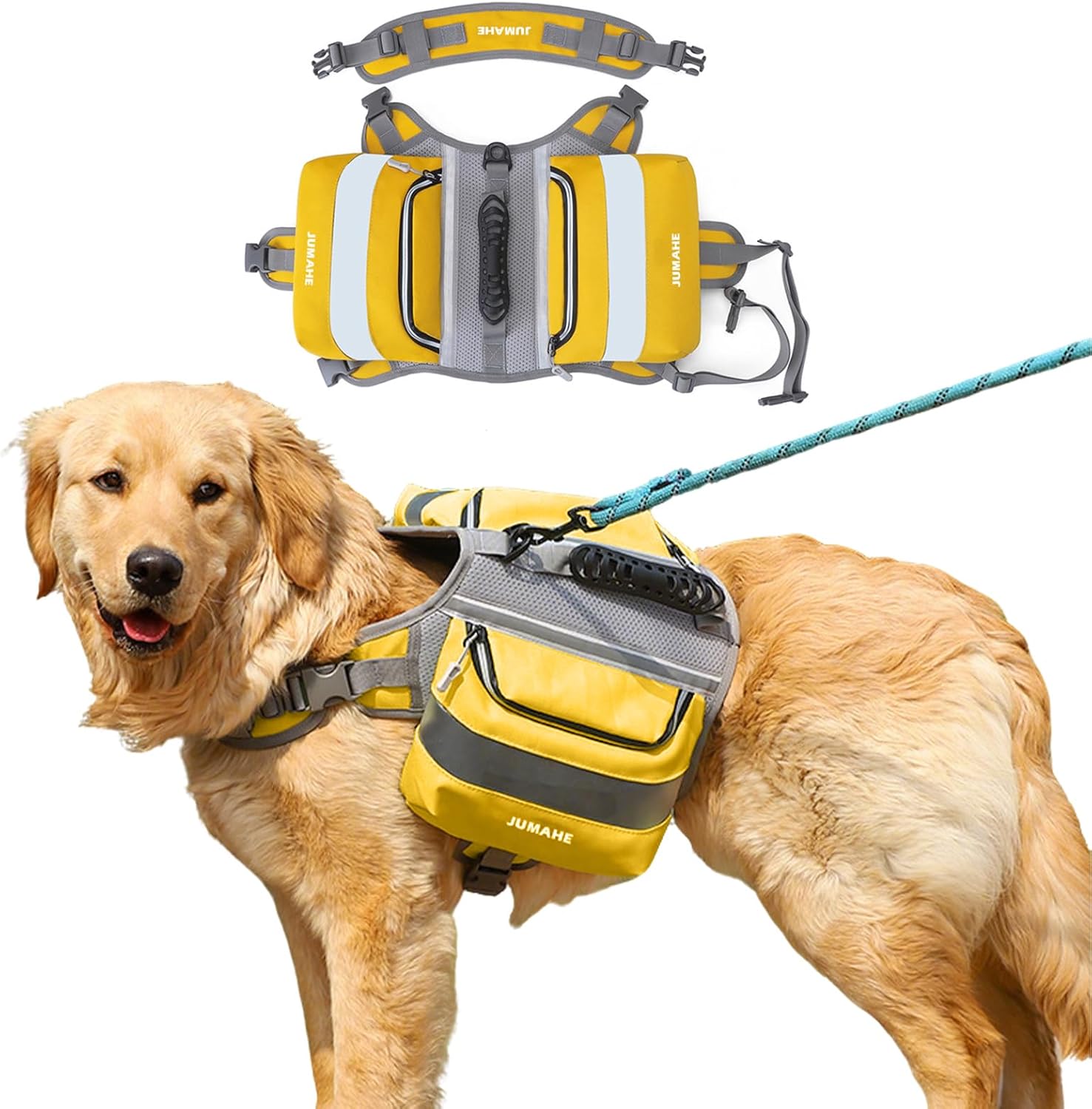 Dog Backpack for Medium & Large Dogs,Dog Pack Saddle Bag for Dogs for Hiking,Pet Backpack Harness with Reflective Strips,2 Capacious Side Pockets for Walking Running,Yellow