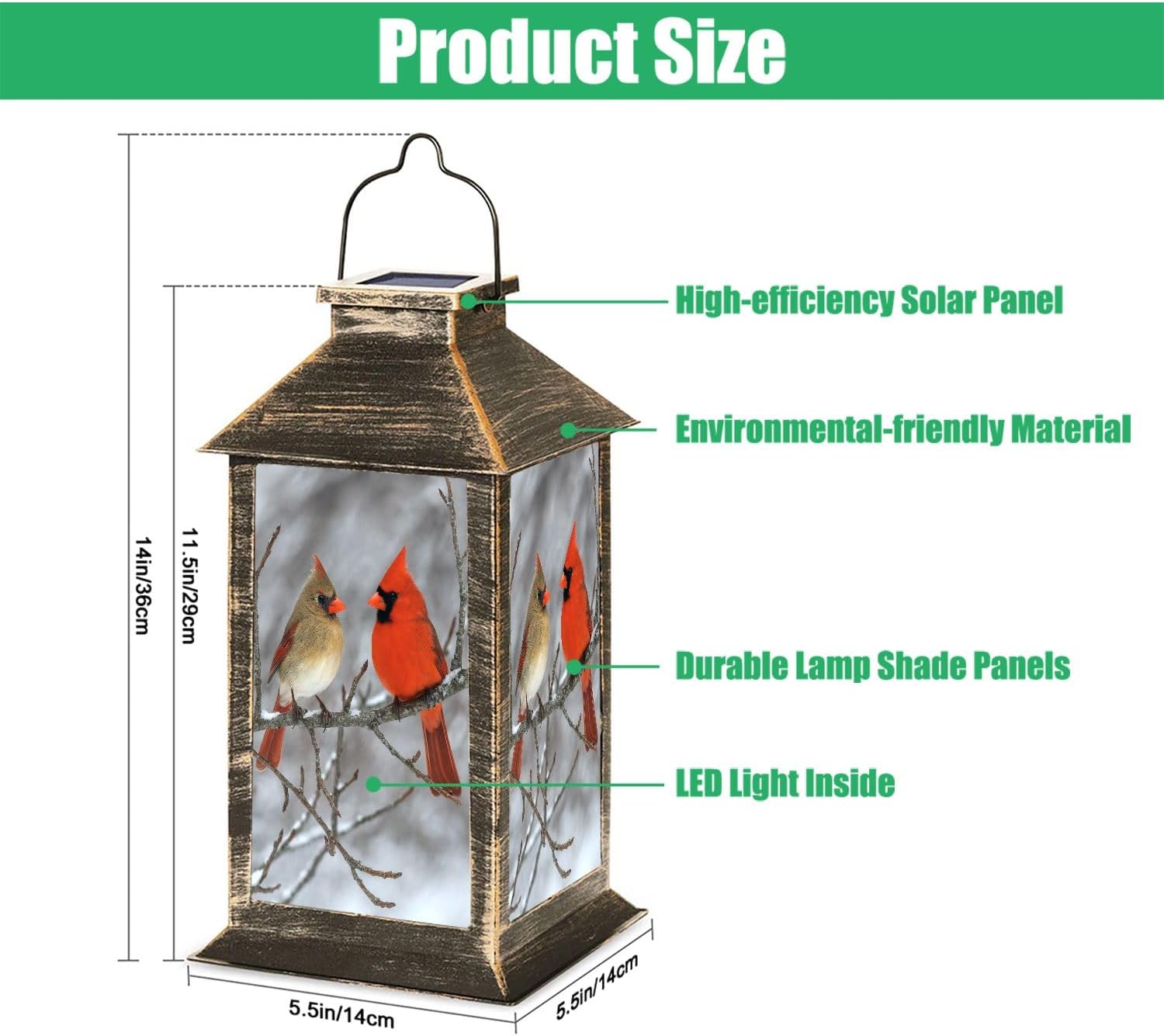 Solar Lantern Cardinals Snow Outdoor Garden Hanging Lantern Waterproof Solar Powered Lighting Outside Table Lamp for Deck Yard Camping Patio Decor