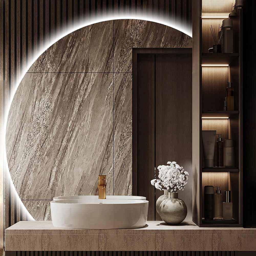 Half Circle Lighted Vanity Mirror for Wall 32"/36" Anti-Fog Bathroom Mirror 40"/43" Large Frameless Decorative Mirror 3-Color Dimmable Backlit Led Mirror Wall Mounted Shatter-Proof(Right Und