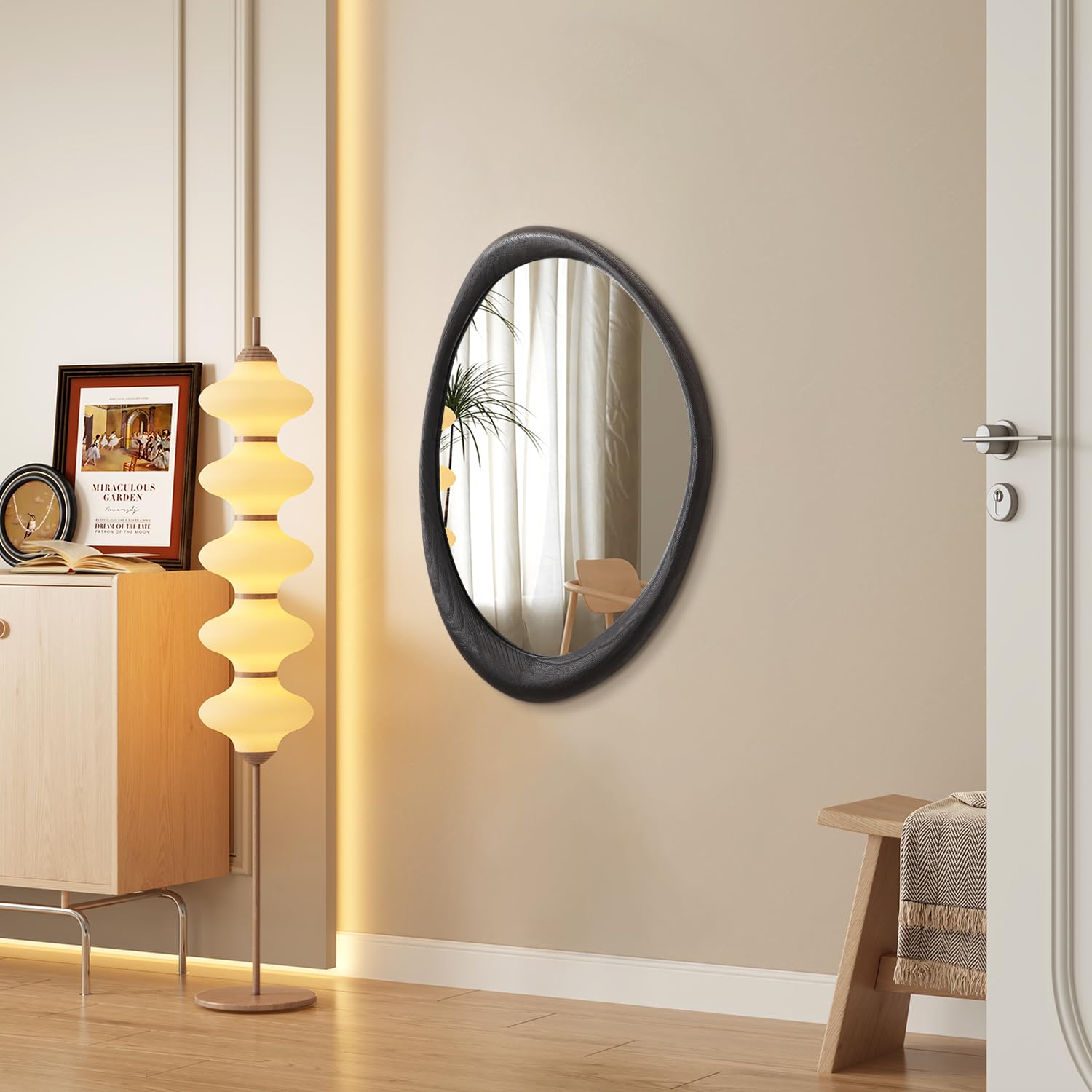 AAZZKANG Espejo irregular negro asimétrico montado en la pared con marco de madera moderno grande para baño, dormitorio, sala de estar, entrada, 60 x 40 cm