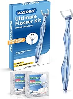 RAZOKO Flosser Kit, Shred-Resistant, Insert & Rotate 90° to 135° for Hard-to-Reach Areas, PTFE & PFAS Free, 1 Handle + 120 Refill Heads, Blue