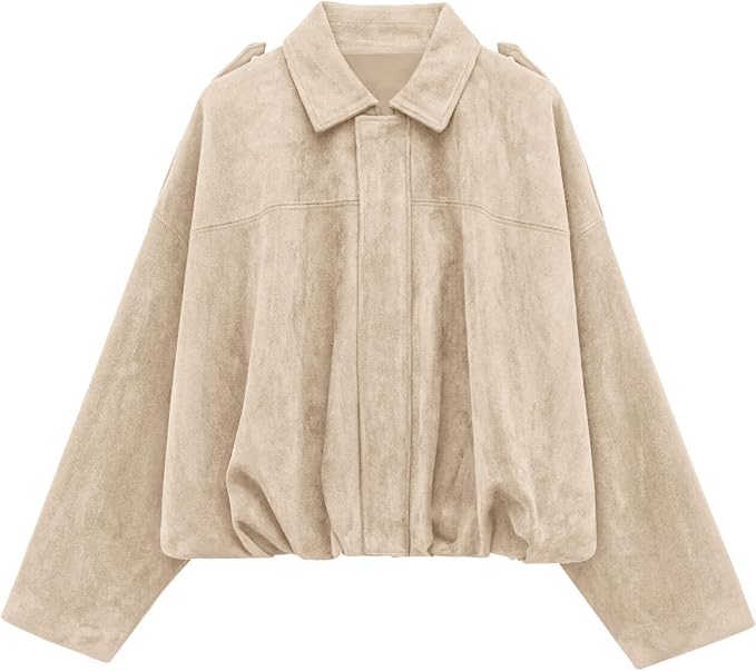 PRETTYGARDEN Faux Suede Jacket Women Fall Cropped Western Bomber Jacket | Vintage Oversized Zip Up Jackets with Pockets, Long Sleeve Casual Coat for Going Out, 