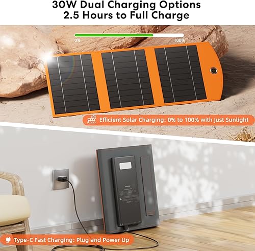 Miniatura 3 de Cargador solar de 10000 mAh, panel solar portátil plegable de 30 W, carga rápida con 1 puerto tipo C y 2 puertos USB-A, impermeable IPx5, para