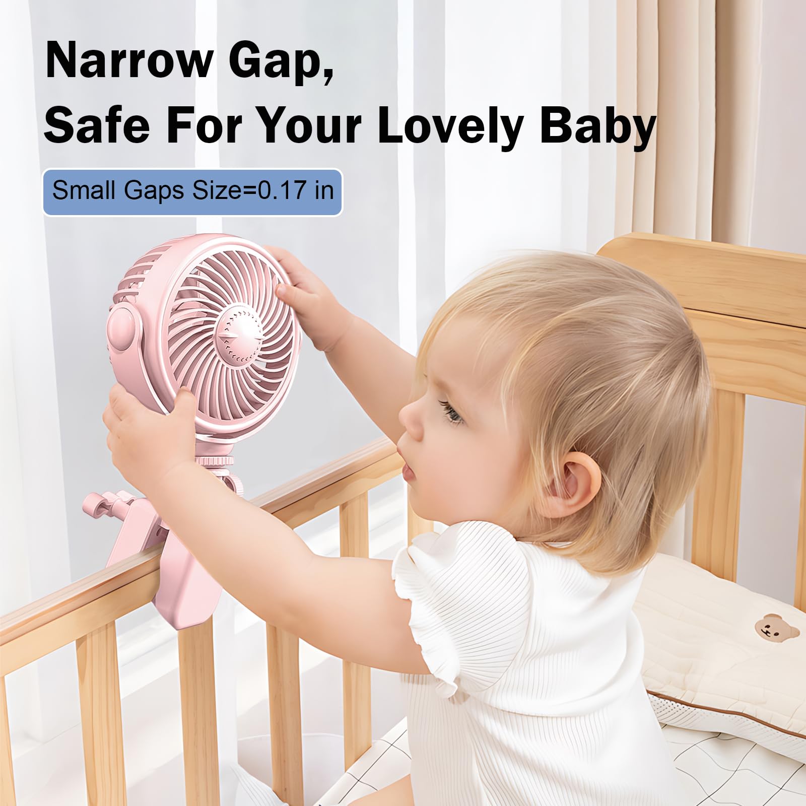 Ventilateur de poussette à clipser pour bébé rechargeable – Ventilateur portable à piles USB pour poussette, berceau, vélo, plage, voyage, camping, rotation à 360°, 4 vitesses du vent, rose