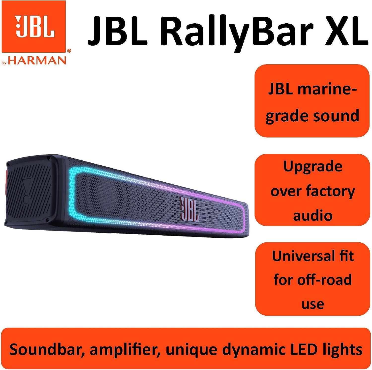 JBL Enceinte RallyBar XL 35" - Barre de Son Bluetooth Universelle d'extérieur pour Véhicules et Bateau Marine avec 14 Haut Parleur étanches, 300W rms amplifié, éclairage LED, Son Pro et Subwoofer