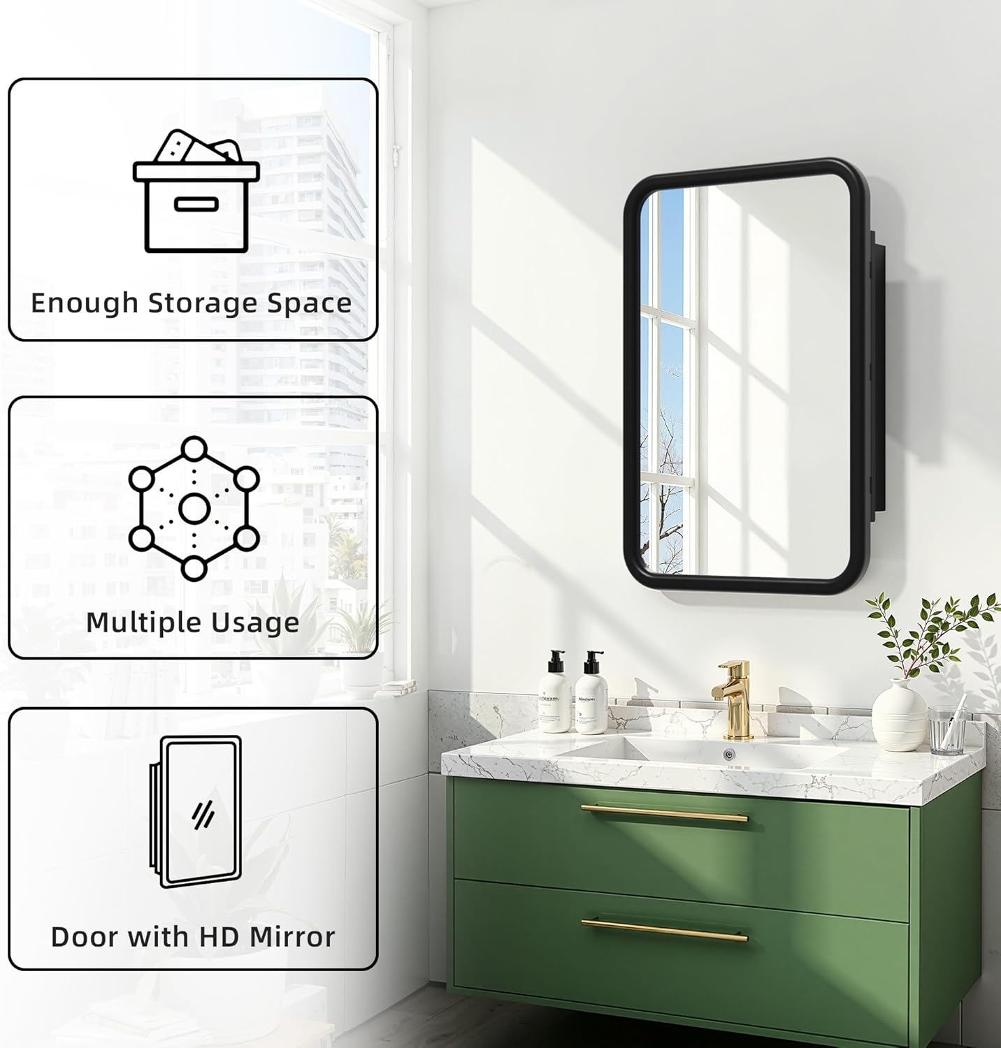 Casaphoria 30" H x 20" W Bathroom Medicine Cabinet with Mirror, Metal Frame Wall Medicine Cabinets Mirrors, Wall Mirror Cabinet, Black