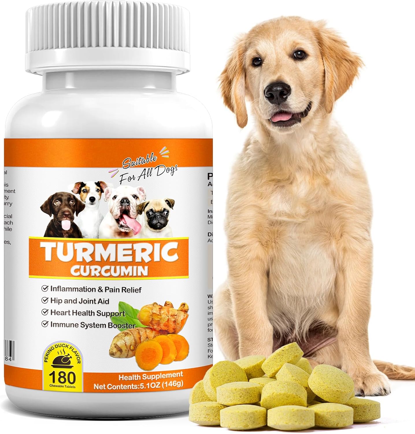 Turmeric for Dogs, 180 Count Turmeric Curcumin Tablets for Hip & Joint Mobility Supports Canine Digestive Heart & Liver Health, Antioxidant, Eliminates Joint Pain Inflammation-Duck Flavor