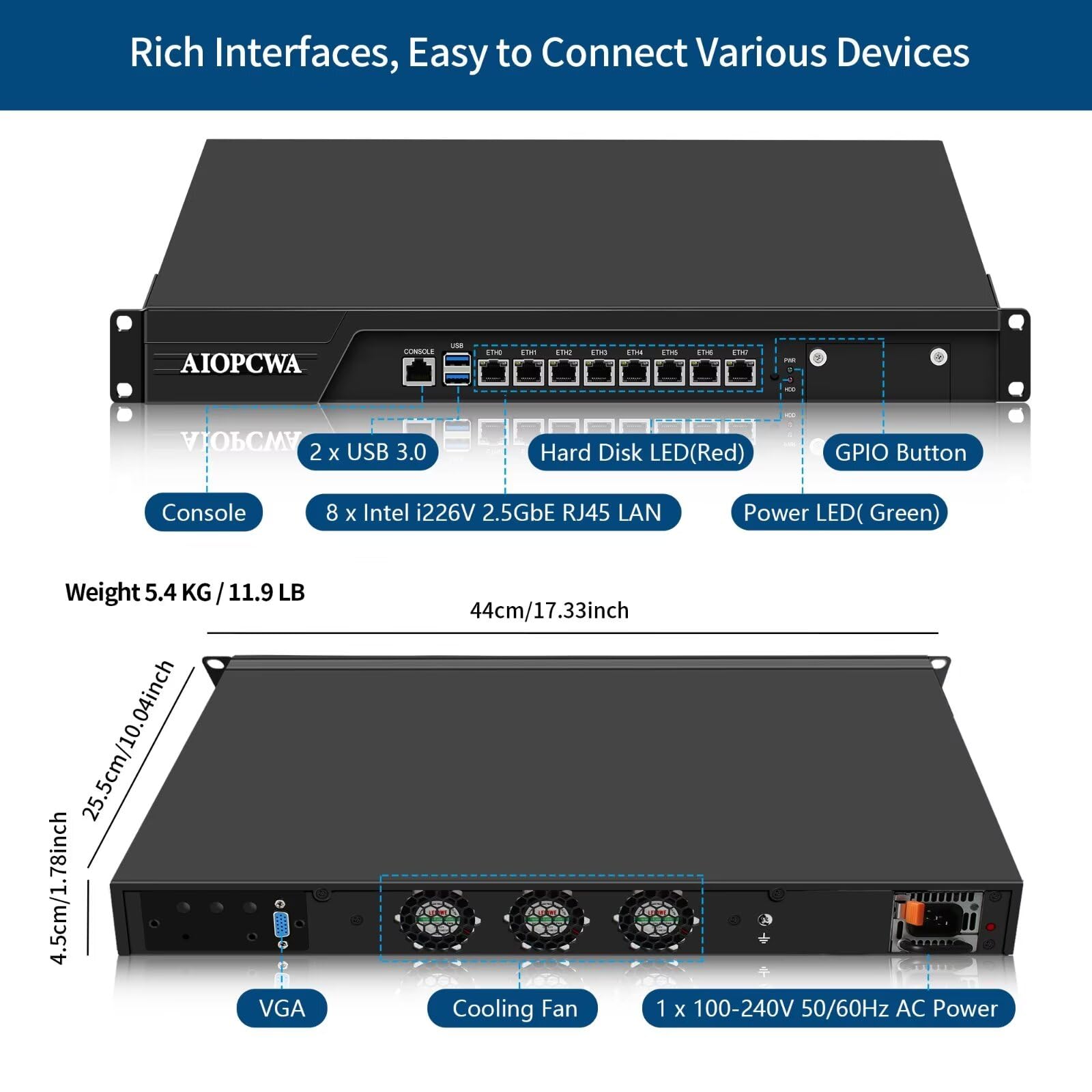 1U Firewall Appliance B150 Core i7 7700, 8X i226V 2.5GbE LAN Firewall Hardware VPN Router PC, DDR4 OPNsense Hardware 19”Rackmount for Homelab Server with VGA, SIM, Barebone