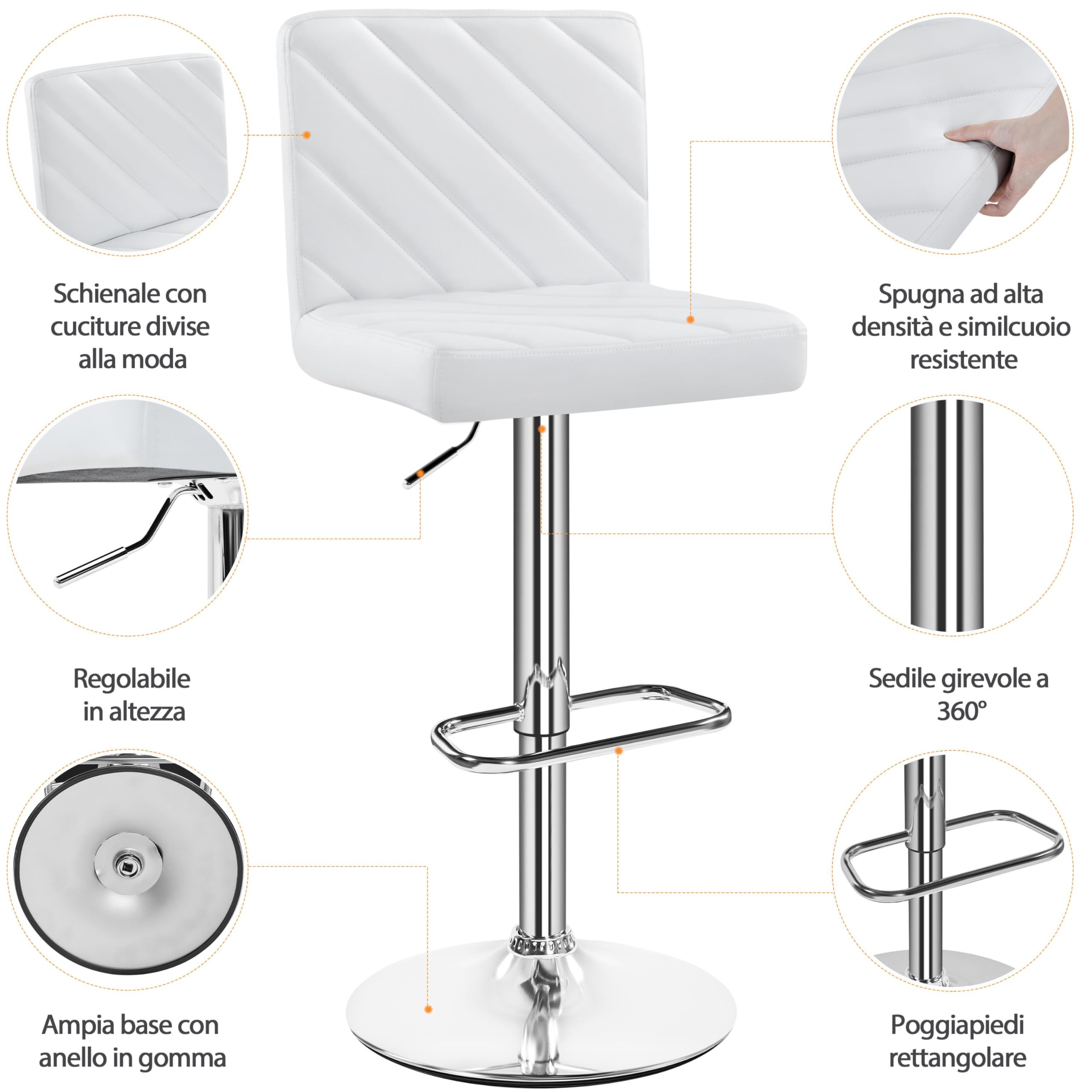 Yaheetech Set 2 Sgabelli Bar Alti Cucina Moderni Design Altezza Regolabile in Similpelle con Schienale Poggiapiedi Girevole 360° Da Penisola Bianchi