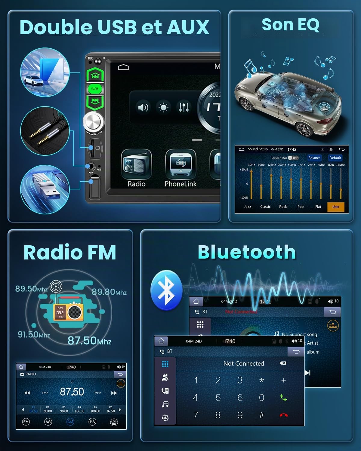 Autoradio 1 DIN 7" CarPlay Android Auto Bluetooth FM USB AUX
