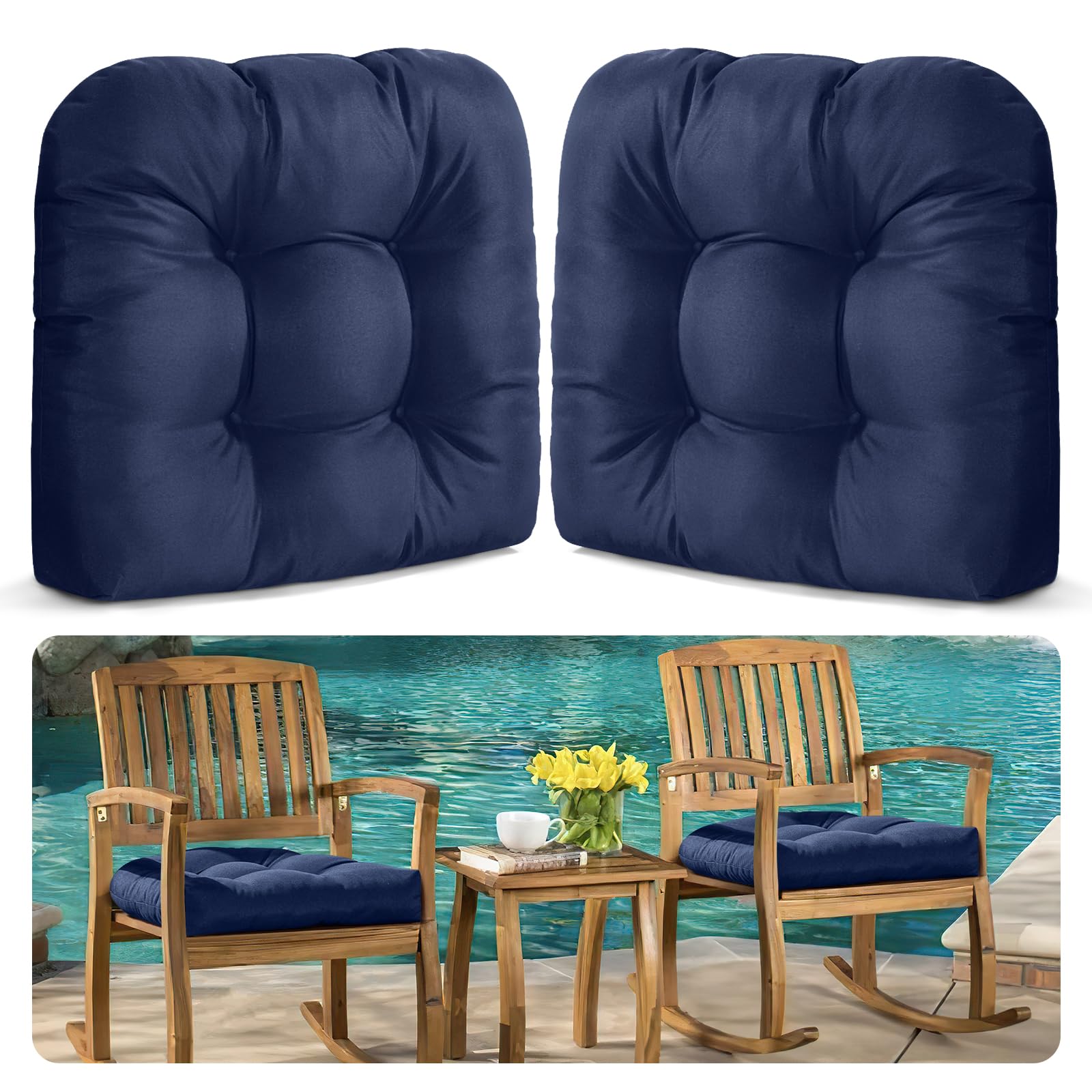 MAGIC ELEPHANT Outdoor Chair Cushions Set of 2, Memory Foam Seat Cushion Pads for Wicker Chair and Patio Furniture, 19 x 19 Inches (Blue)