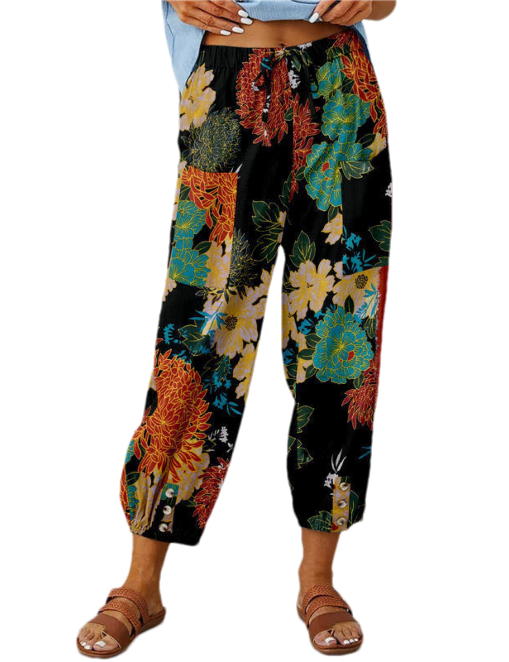 LOPUAEN Womens Casual Lantern Harem Capri Pants Loose High Waisted Yoga Lounge Trousers Pants with Pockets(0042-01Black-XXL)