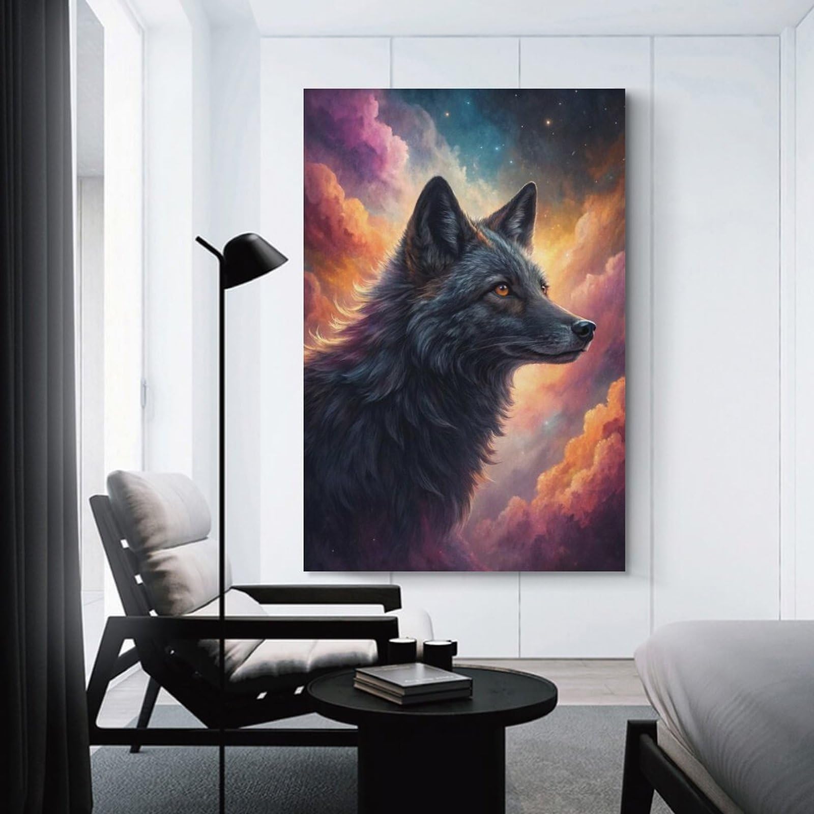 Junmoney Black Wolf in Cosmic Clouds Canvas Art Print 20x30inch(50x75cm), for Art Walls, Layered Displays Or Homes, Decorative Artwork with Flexible Styling