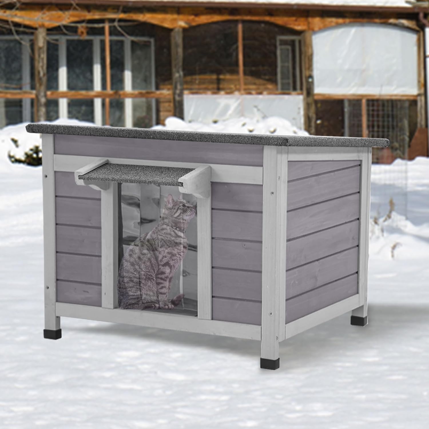 GUTINNEEN Outdoor Cat House Insulated Cat House Weatherproof Feral Cat Shelter with Hinged Asphalt Roof & Covered Opening, PVC Door Curtain, Raised Floor for Cats