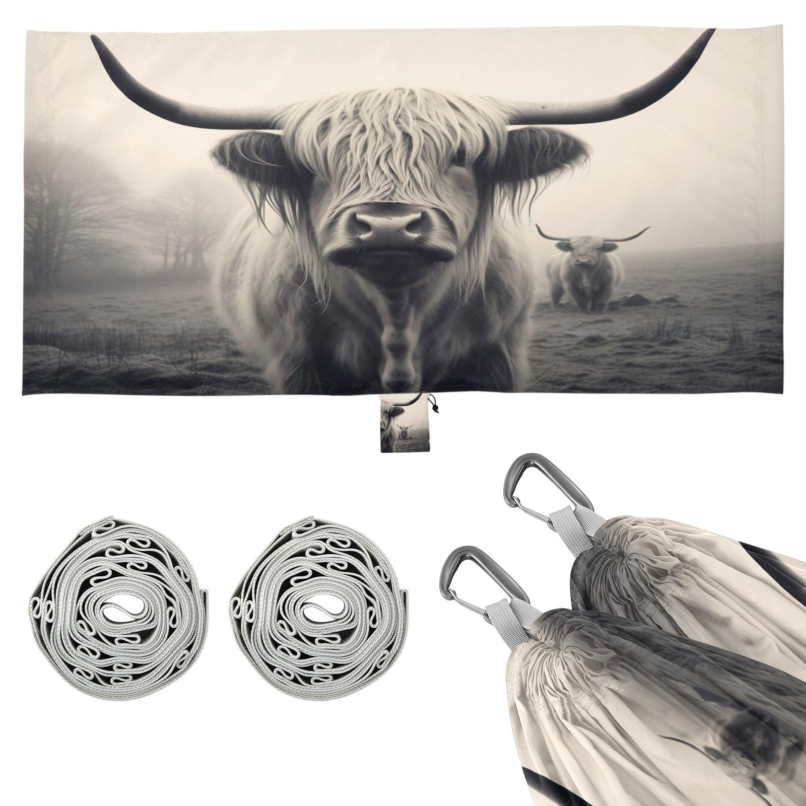 SDMKA Highland Cattle Camping Hammock, 330 lbs with 2 Tree Straps, Carry Bag, Single Portable Hammock for Outdoor/Indoor, Hiking, Beach, Backpacking, Travel