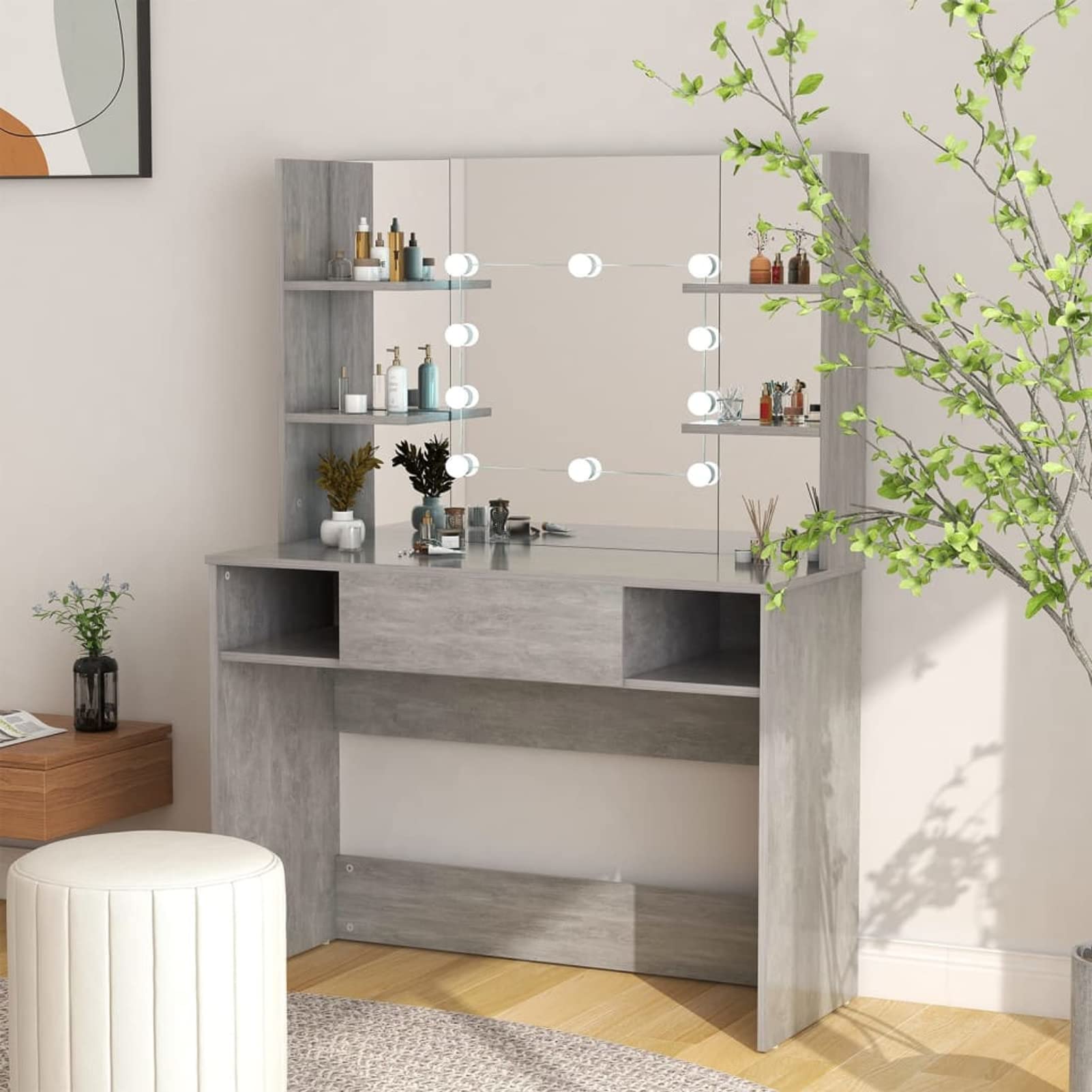 Homgoday Stół do makijażu z oświetleniem LED, 100 x 40 x 135 cm, MDF, beton, szary