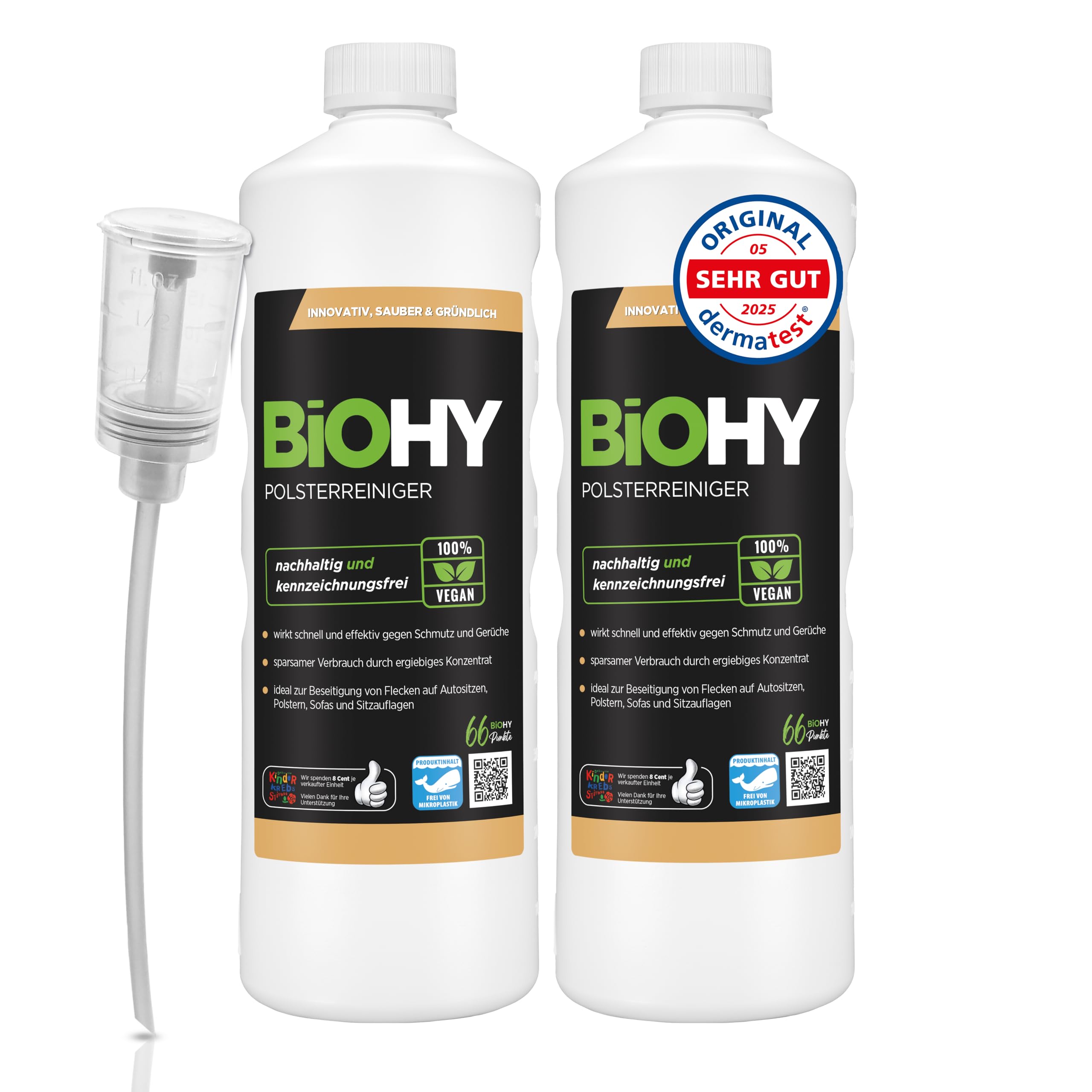 BiOHY Spezial Polsterreiniger (2 x 1 liter) + Dosierer | Konzentrat für Sofas, Polstermöbel, Teppiche & Textilien | für Nasssauger & Waschsauger | Fleckentferner | effektiver Textilerfrischer