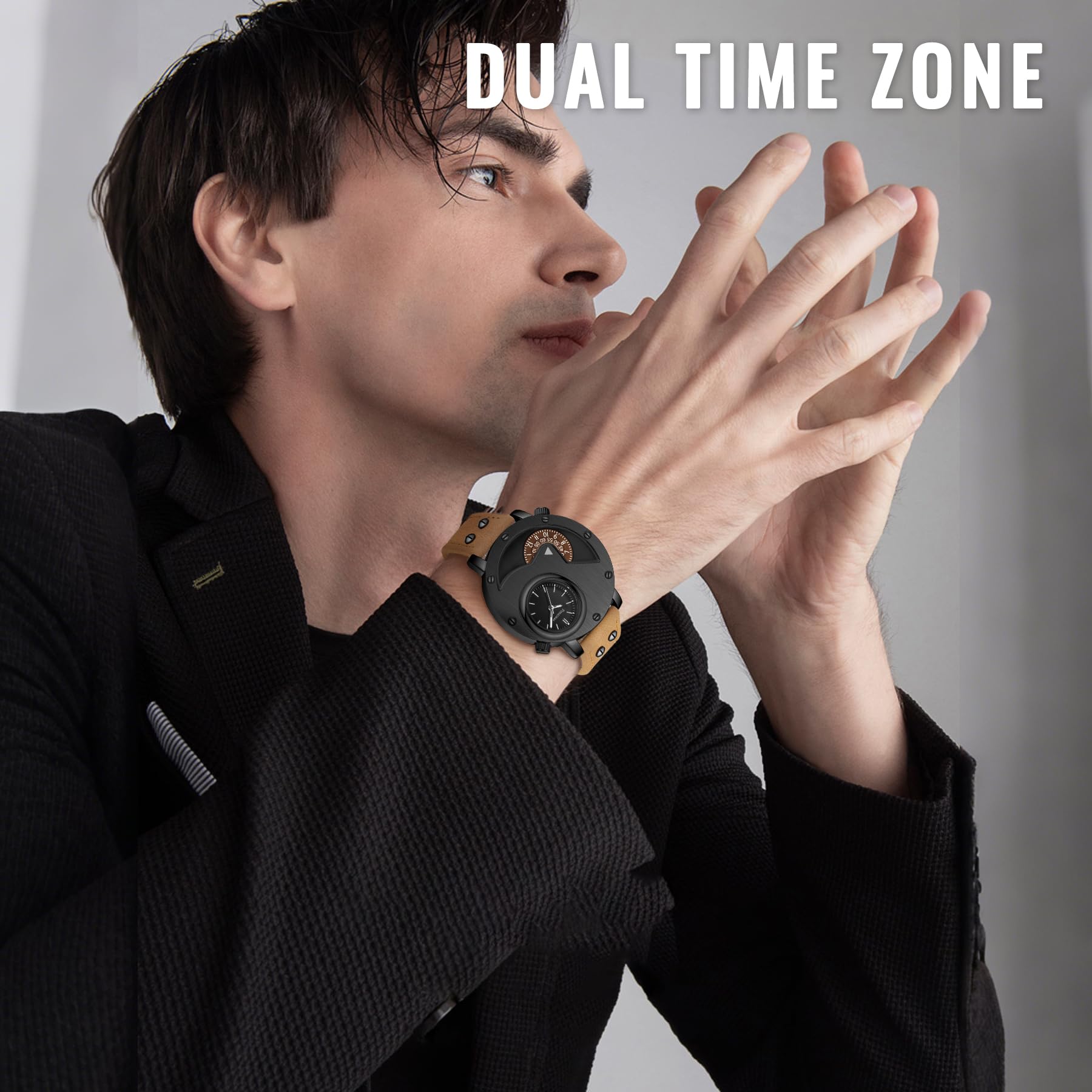 Men's Watch,Dual Time Wrist Watches for Men,Unique Analog Quartz Watch with Leather Strap Cool Design - 5