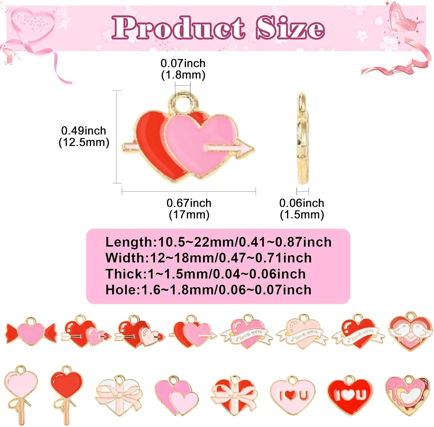 KitBeads 64Pcs Valentine Heart Charms 16 Styles Pink Red Enamel Bow Gift Love Heart Shaped Charms for Jewelry Making Bracelets Necklaces Crafts - Image 2