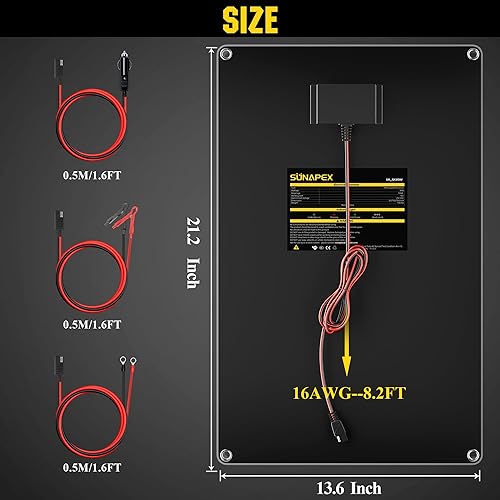 Miniatura 9 de SUNAPEX Cargador de batería solar de 30 vatios para automóvil, 12 voltios, impermeable, alimentado por energía solar, cargador y mantenedor,
