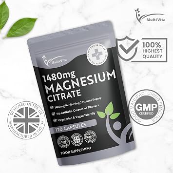 Magnesium Citrate 1,480mg 120 Vegan Capsules 2 Months Supply - Providing 440mg Elemental Magnesium Per Serving - Magnesium Capsules not Magnesium Tablets - High Strength Magnesium Supplement GMO Free